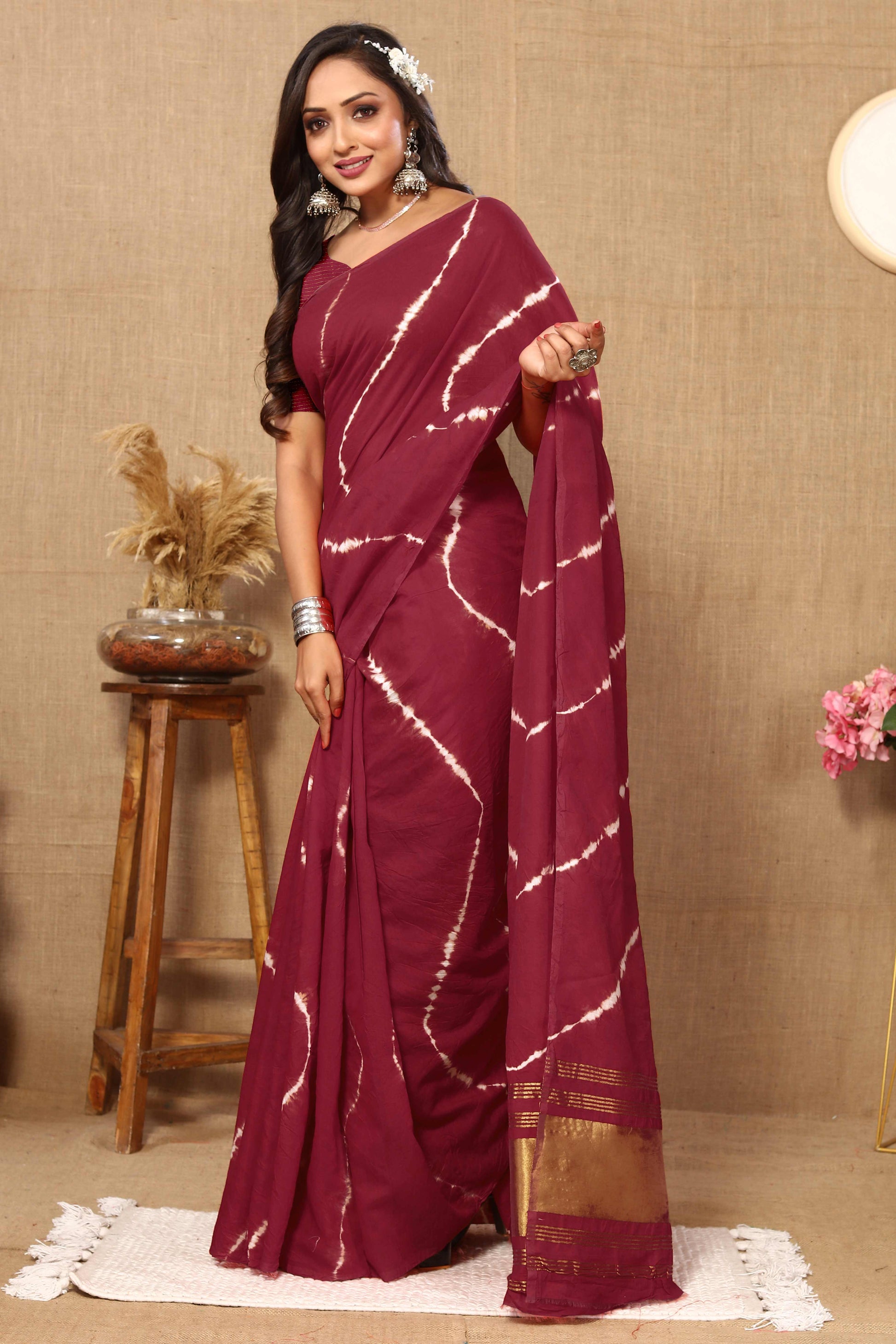 Maroon Leheriya Printed Chanderi Cotton Silk Lagdi Patta Saree