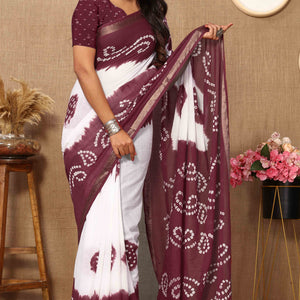 Burgundy & White Bandhani Printed Mul Mul Pure Cotton Saree