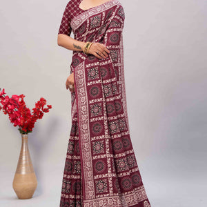Maroon Ajrakh Printed Cotton Blend Saree
