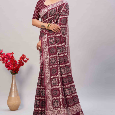 Maroon Ajrakh Printed Cotton Blend Saree