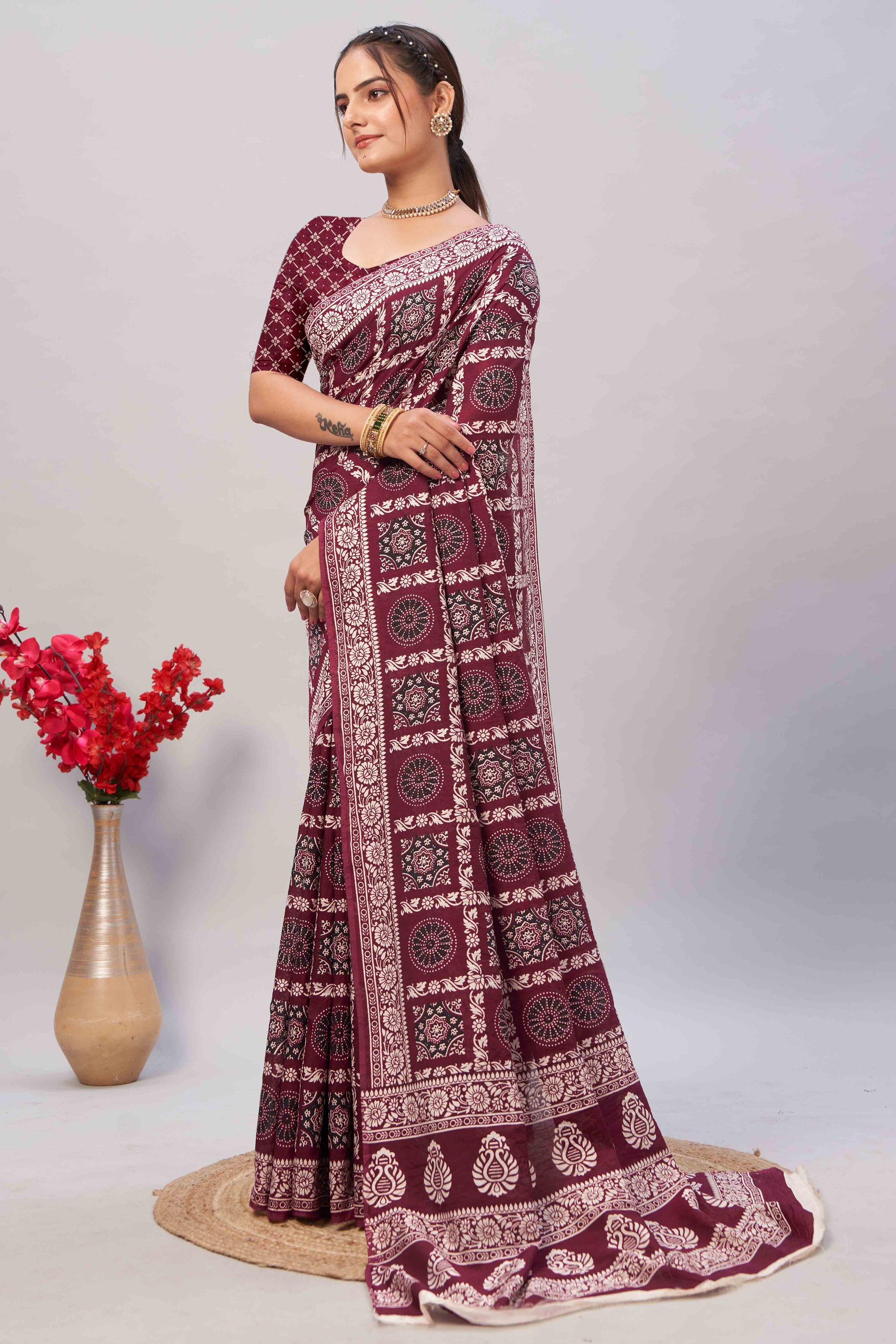 Maroon Ajrakh Printed Cotton Blend Saree