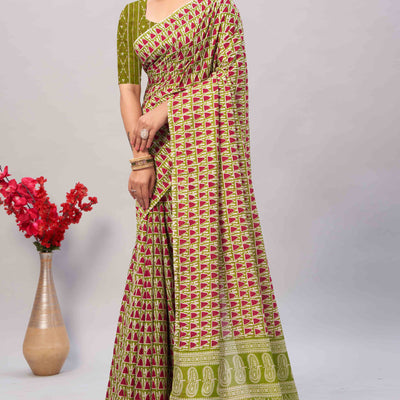 green-ajrakh-printed-cotton-blend-saree