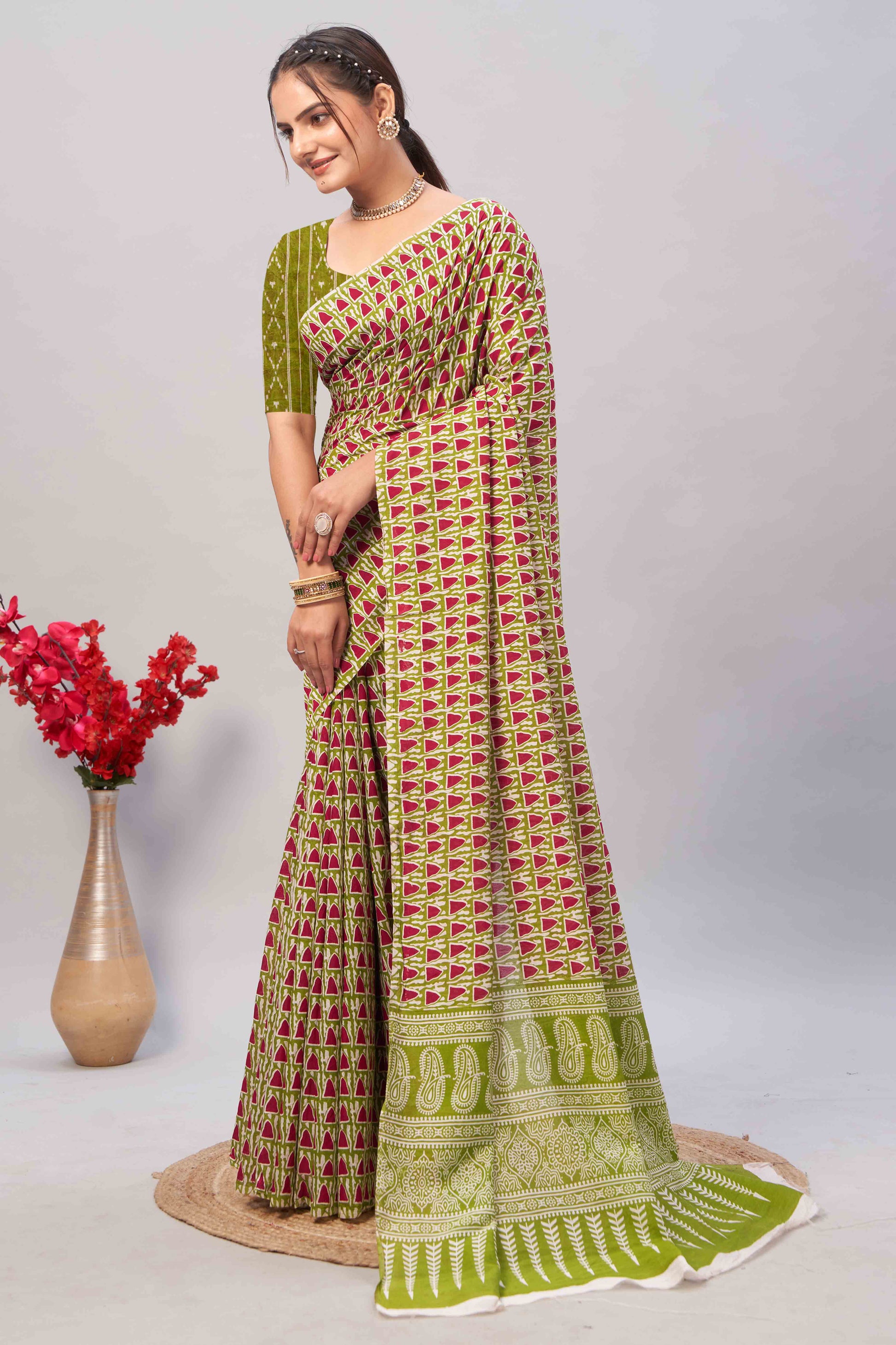 green-ajrakh-printed-cotton-blend-saree