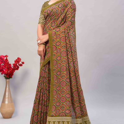 Mehendi Green Ajrakh Printed Cotton Blend Saree