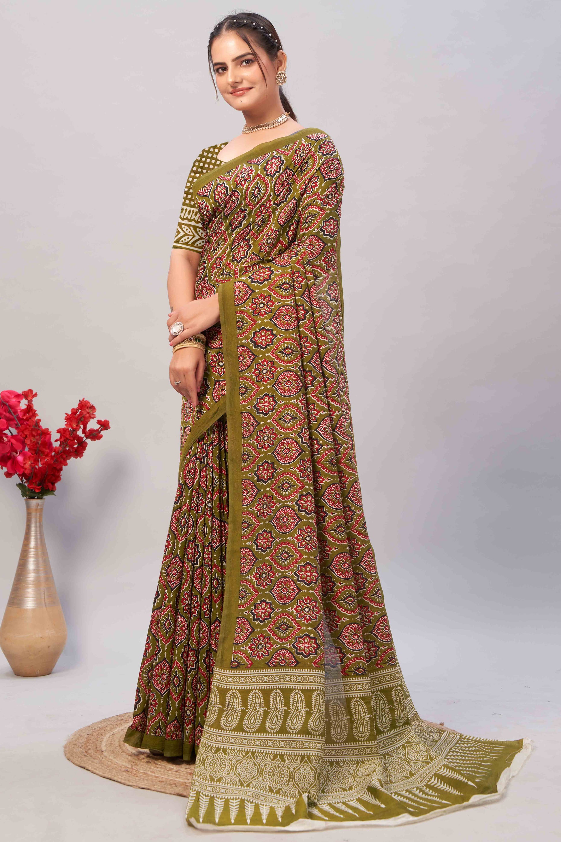 Mehendi Green Ajrakh Printed Cotton Blend Saree