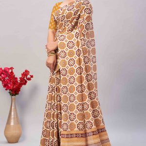 Cream & Mustard Ajrakh Printed Cotton Blend Saree