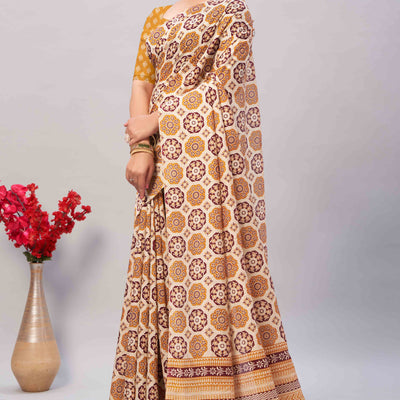 Cream & Mustard Ajrakh Printed Cotton Blend Saree