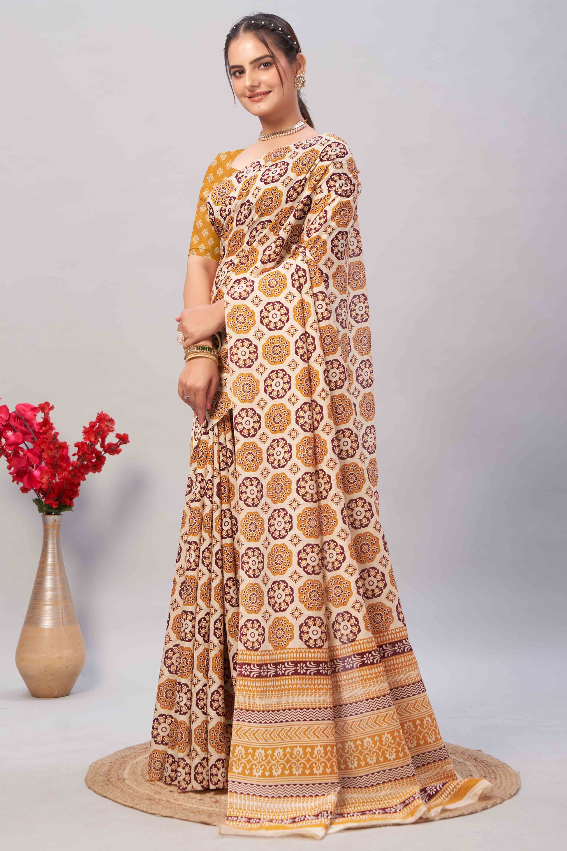 Cream & Mustard Ajrakh Printed Cotton Blend Saree