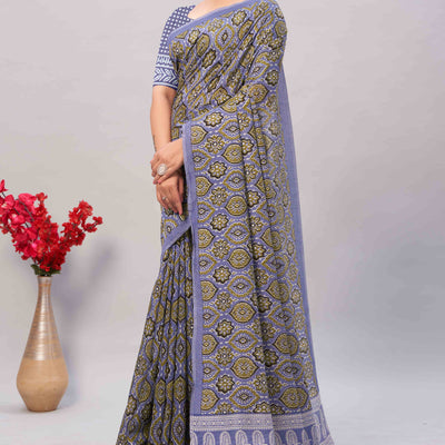 Light Lavender Ajrakh Printed Cotton Blend Saree