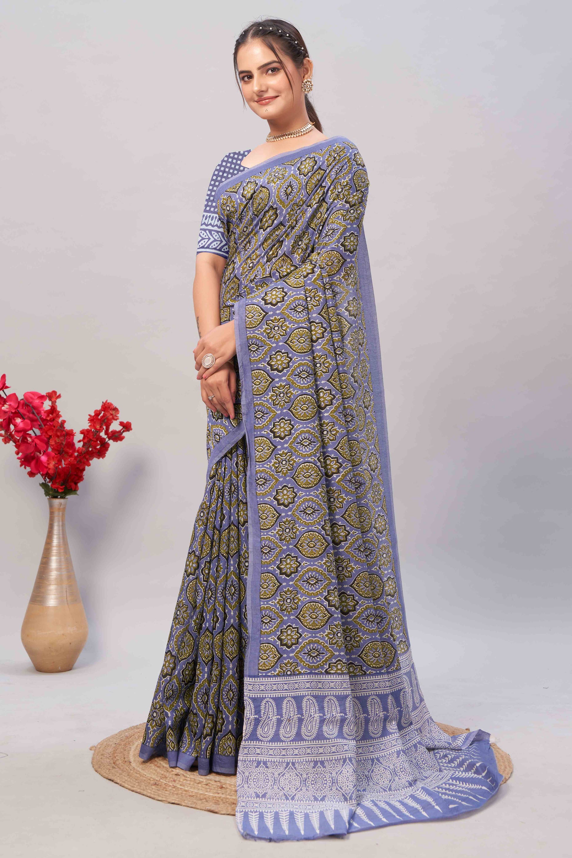 Light Lavender Ajrakh Printed Cotton Blend Saree