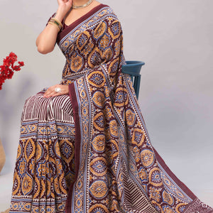 Dark Maroon Ajrakh Printed Cotton Blend Saree