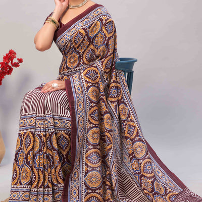 Dark Maroon Ajrakh Printed Cotton Blend Saree