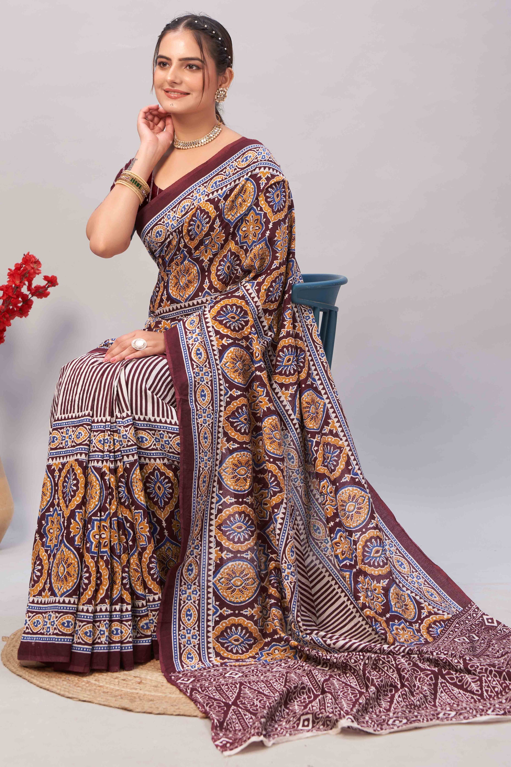 Dark Maroon Ajrakh Printed Cotton Blend Saree