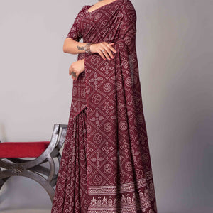 Dark Maroon Ajrakh Printed Cotton Blend Saree