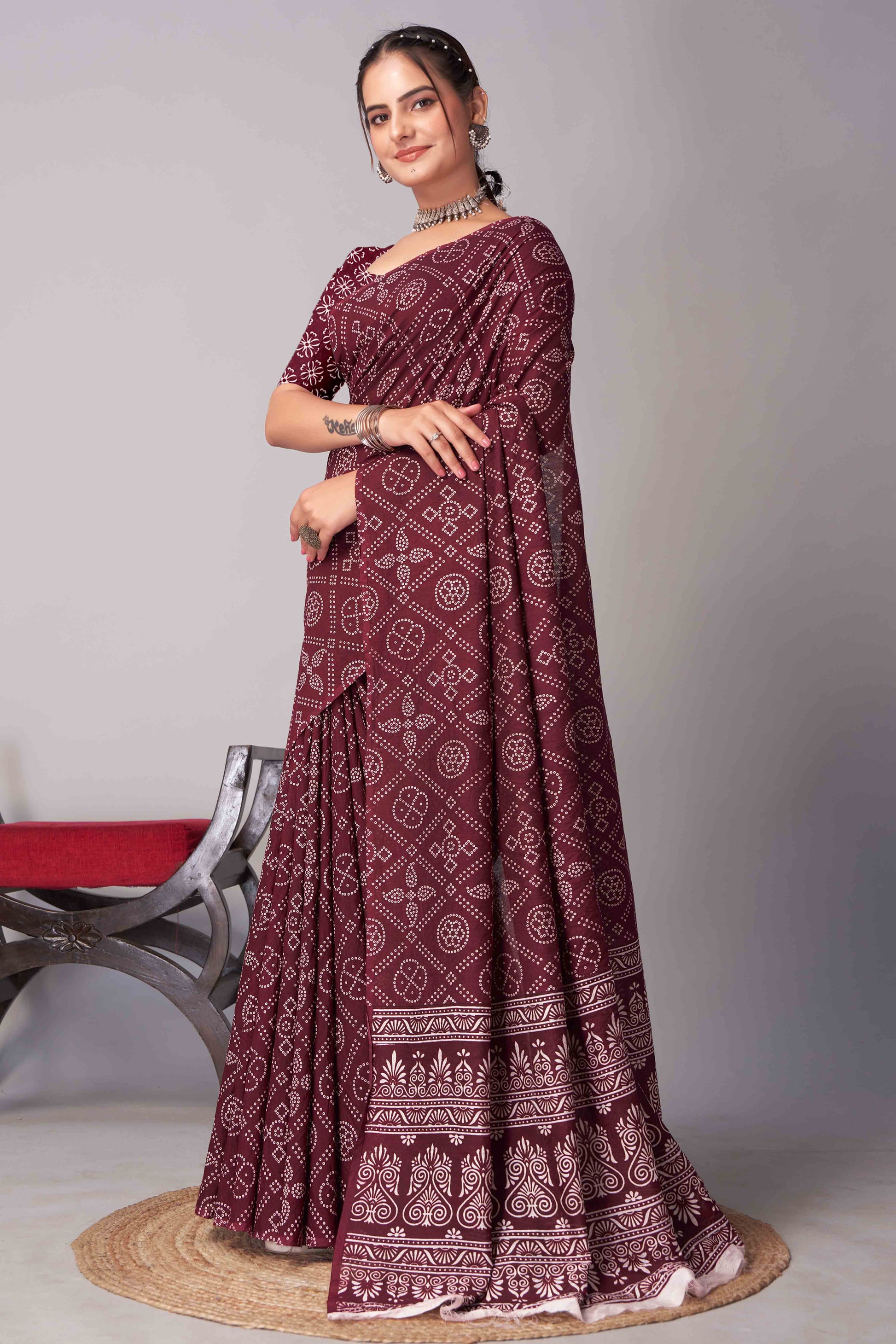 Dark Maroon Ajrakh Printed Cotton Blend Saree