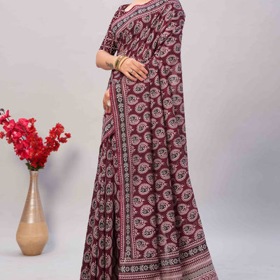 Dark Maroon Ajrakh Printed Cotton Blend Saree