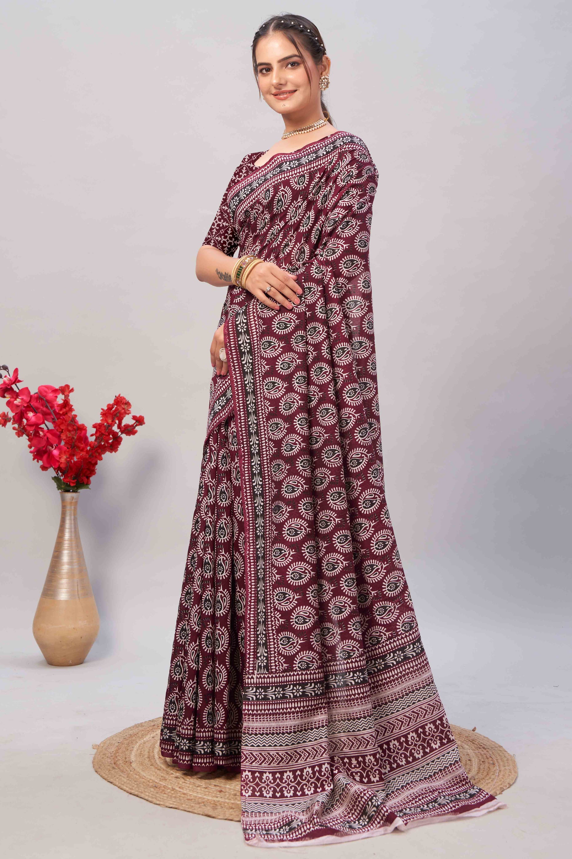 Dark Maroon Ajrakh Printed Cotton Blend Saree