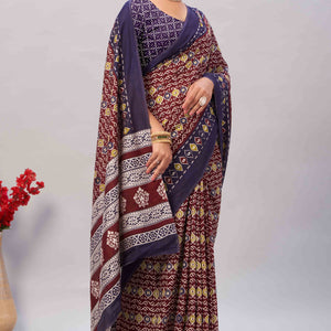 Maroon & Blue Ajrakh Printed Cotton Blend Saree