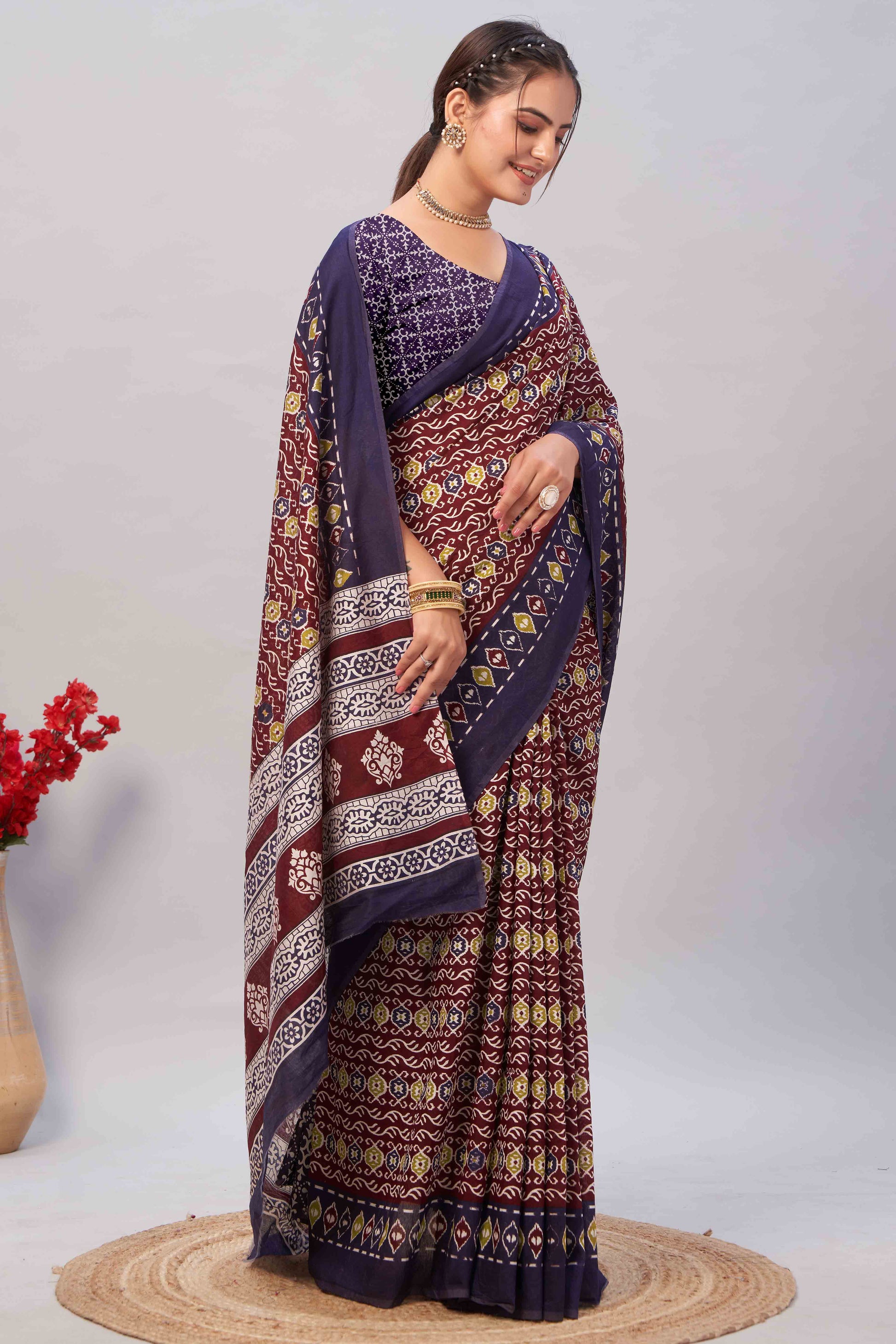 Maroon & Blue Ajrakh Printed Cotton Blend Saree