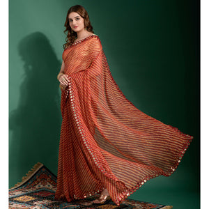 Maroon Leheriya Printed With Embroidered Border Chiffon Saree