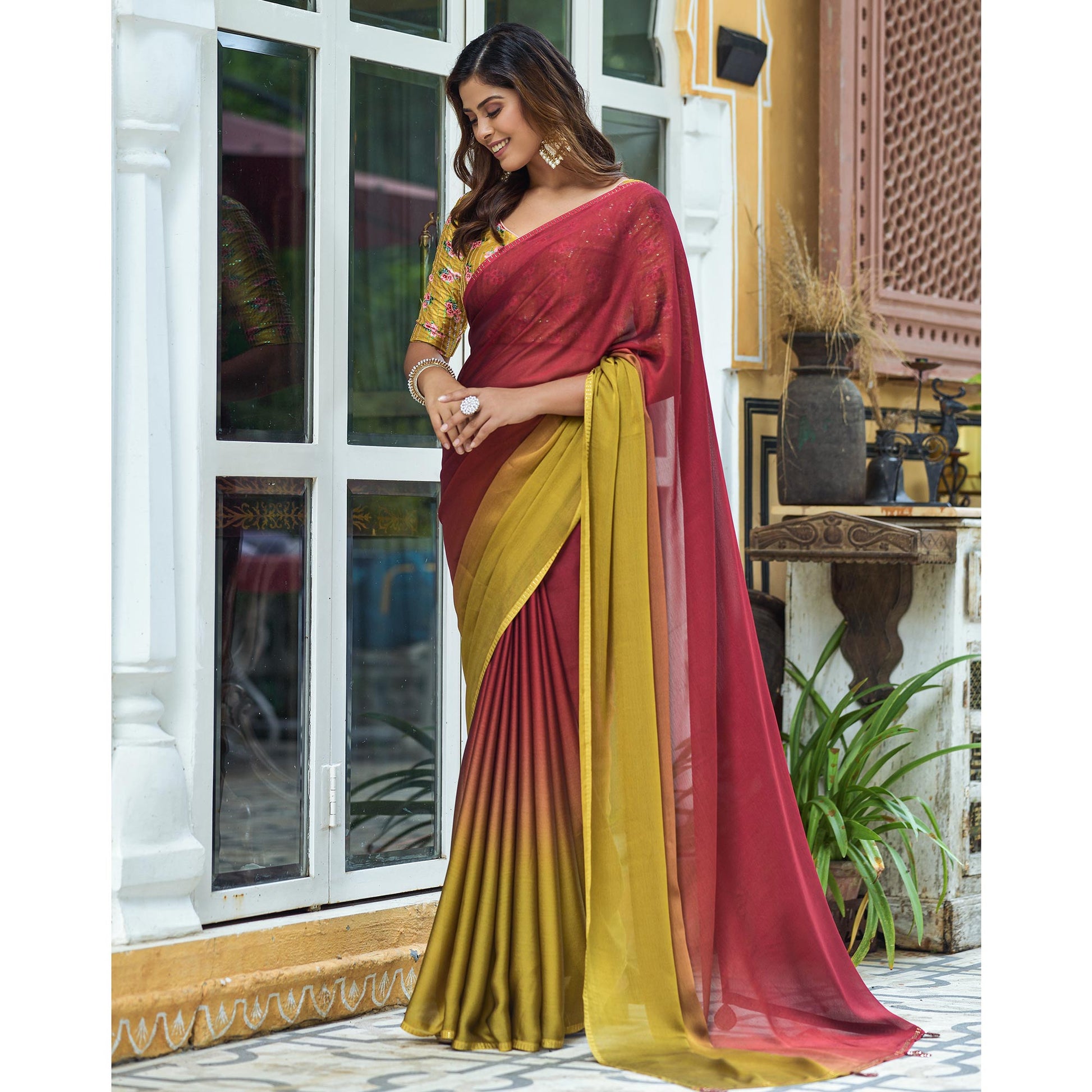 Maroon & Yellow Solid Chiffon Saree With Tassels