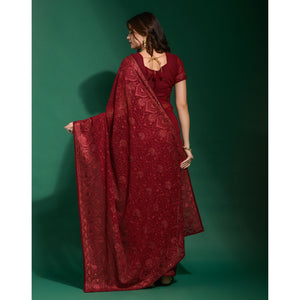 Maroon Floral Embroidered Georgette Saree