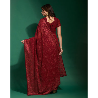Maroon Floral Embroidered Georgette Saree