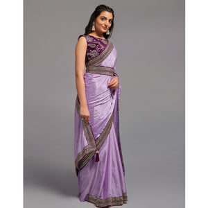 Light Purple Foil Printed With Embroidered Border Chinon Saree