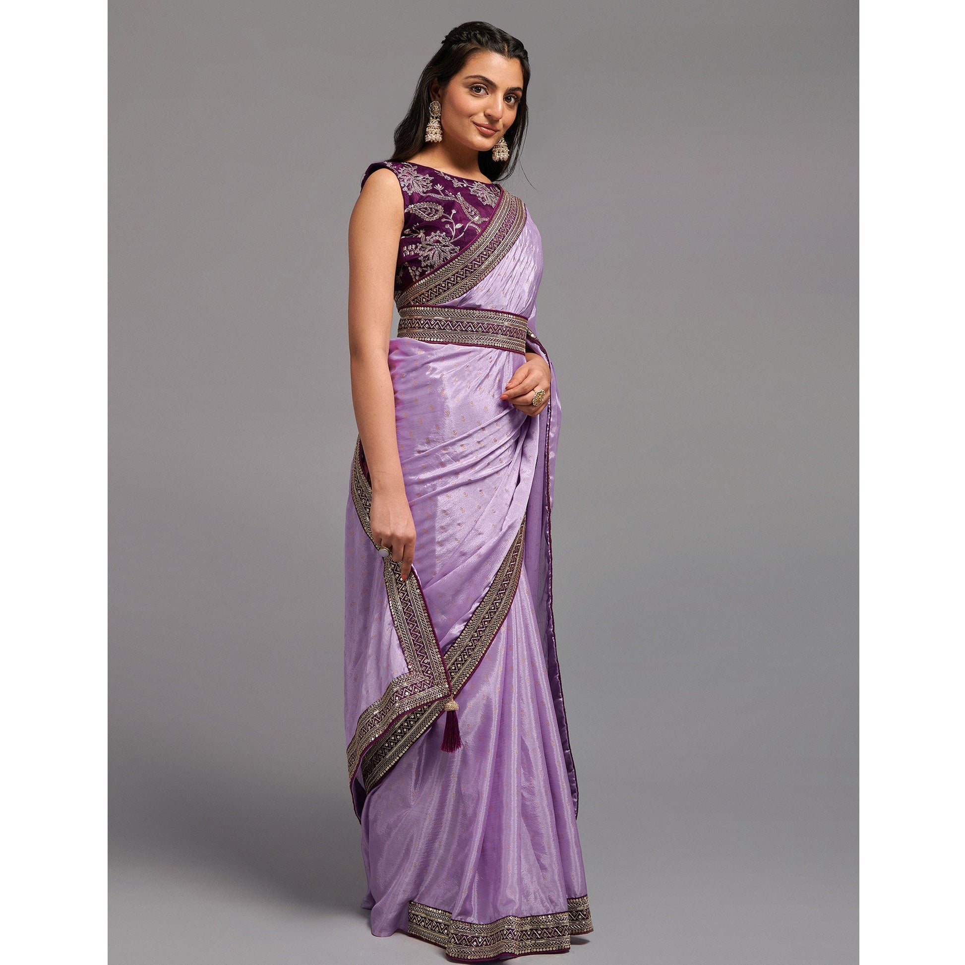 Light Purple Foil Printed With Embroidered Border Chinon Saree