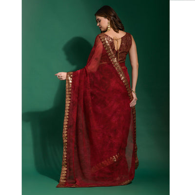 Maroon Printed With Sequins Border Chiffon Saree