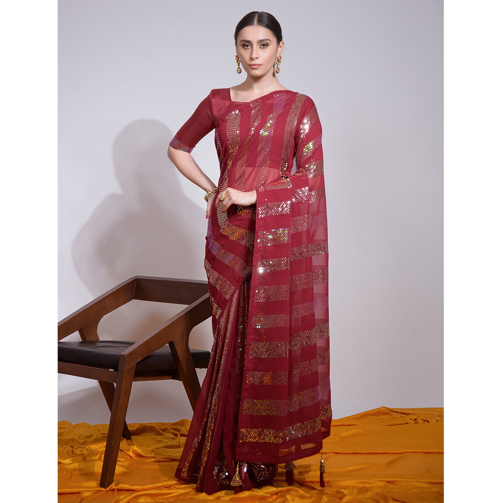 Maroon Sequins Embroidered Georgette Saree