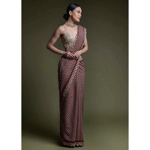Maroon Printed With Embroidered Border Chinon Saree