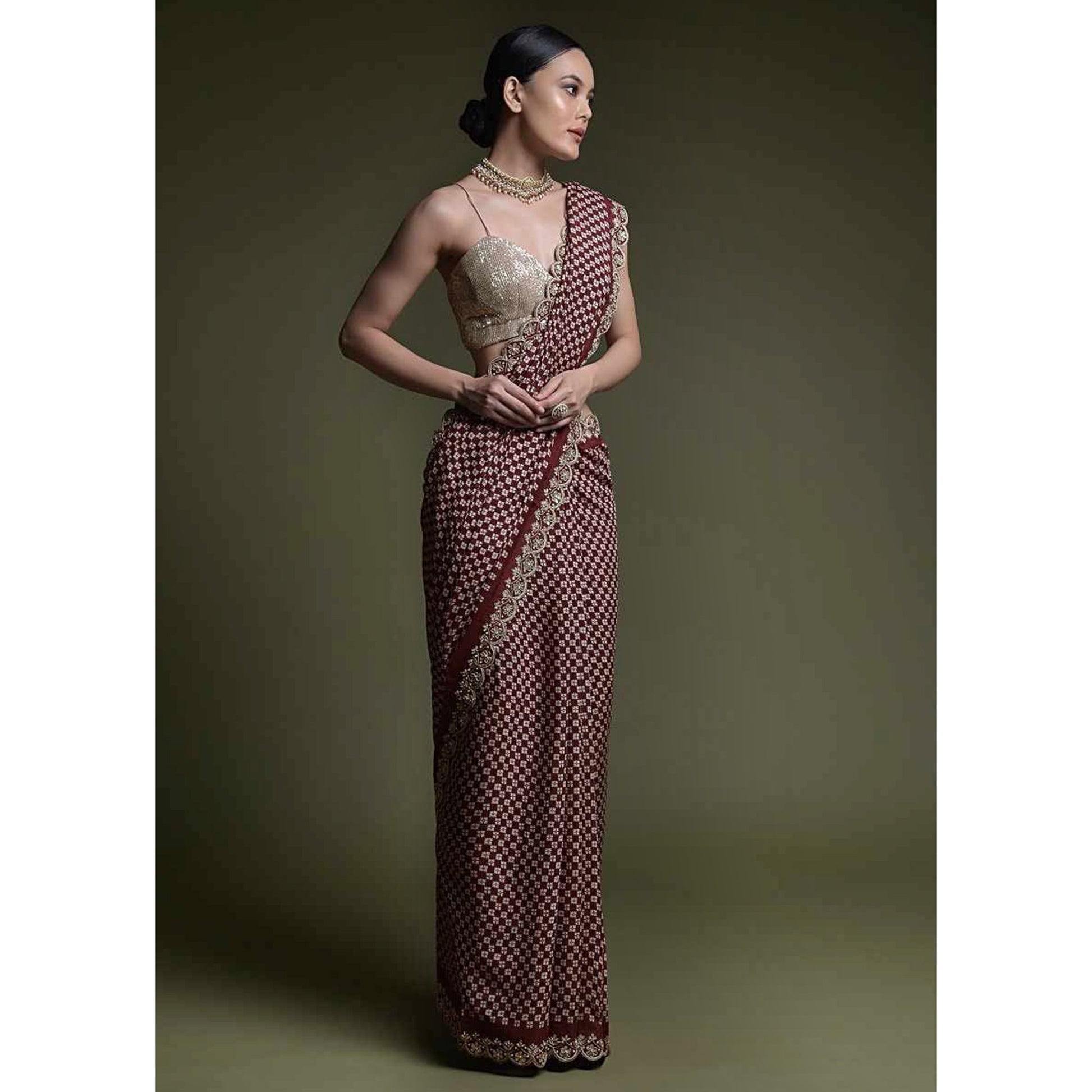 Maroon Printed With Embroidered Border Chinon Saree