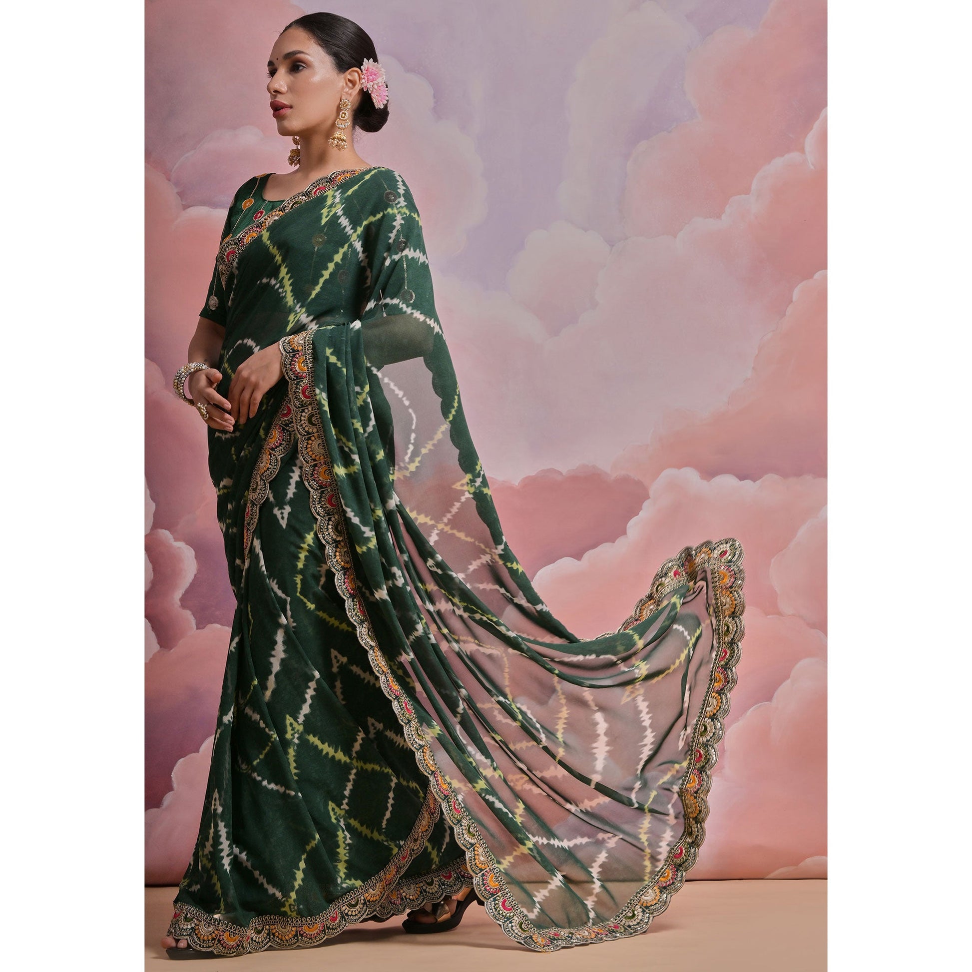 green-printed-with-embroidered-border-georgette-saree