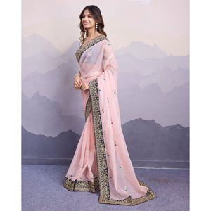 Light Peach Floral Sequins Embroidered Organza Saree With Lace Border
