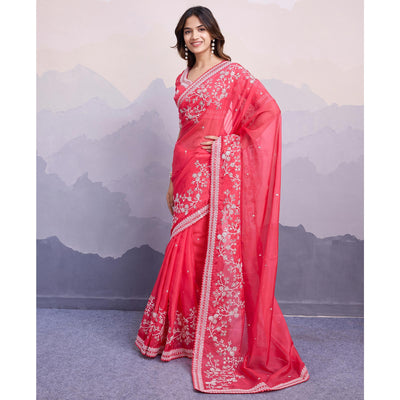 Gajari Pink Floral Sequins Embroidered Organza Saree With Lace Border
