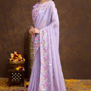 Lavender Floral Sequins Embroidered Organza Silk Saree
