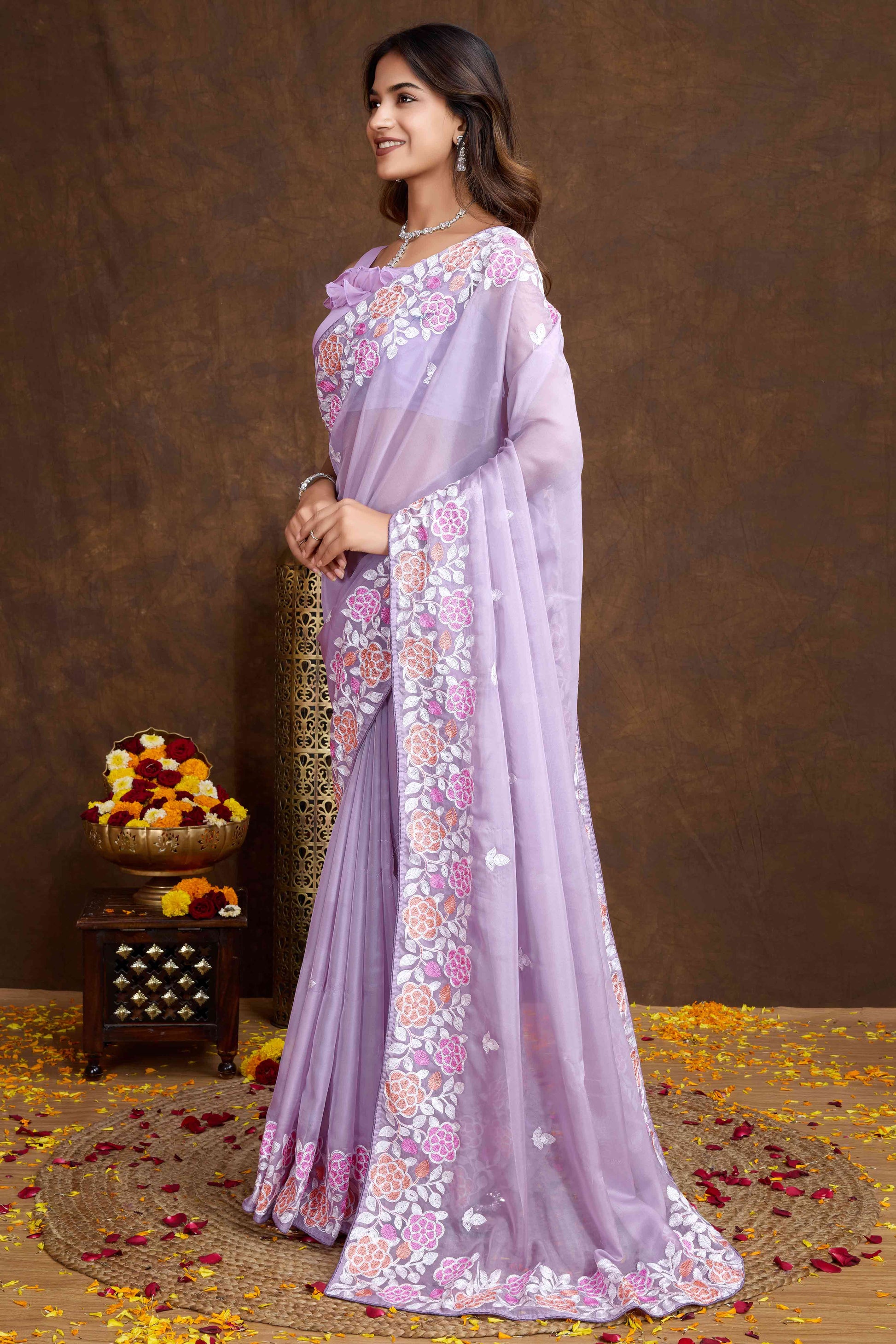 Lavender Floral Sequins Embroidered Organza Silk Saree