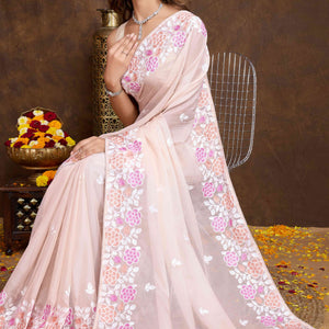 Light Peach Floral Sequins Embroidered Organza Silk Saree