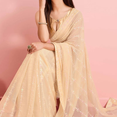 Cream Floral Sequins Embroidered Georgette Saree