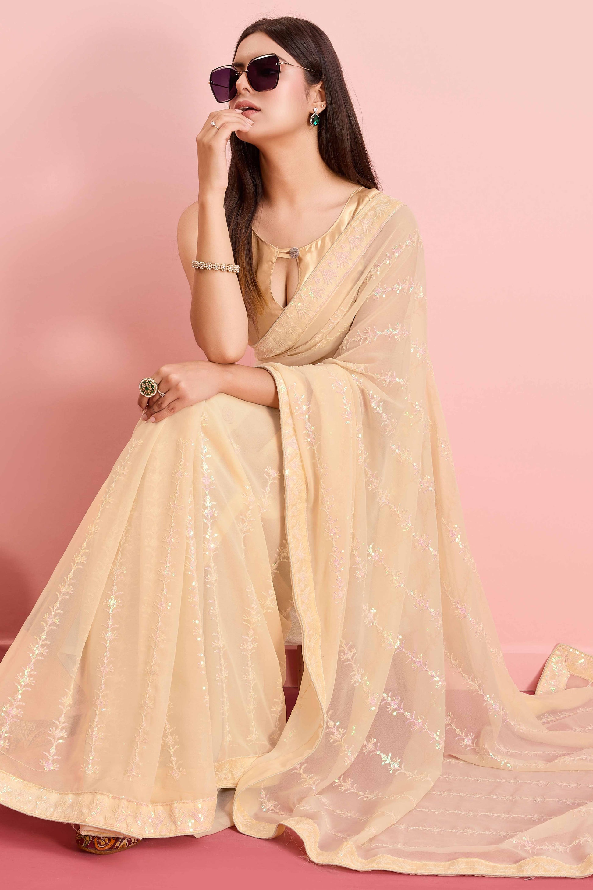 Cream Floral Sequins Embroidered Georgette Saree