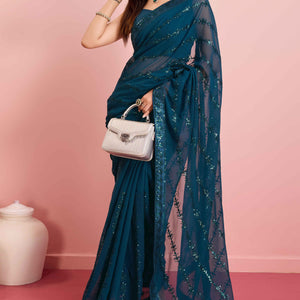 Morpich Floral Sequins Embroidered Georgette Saree