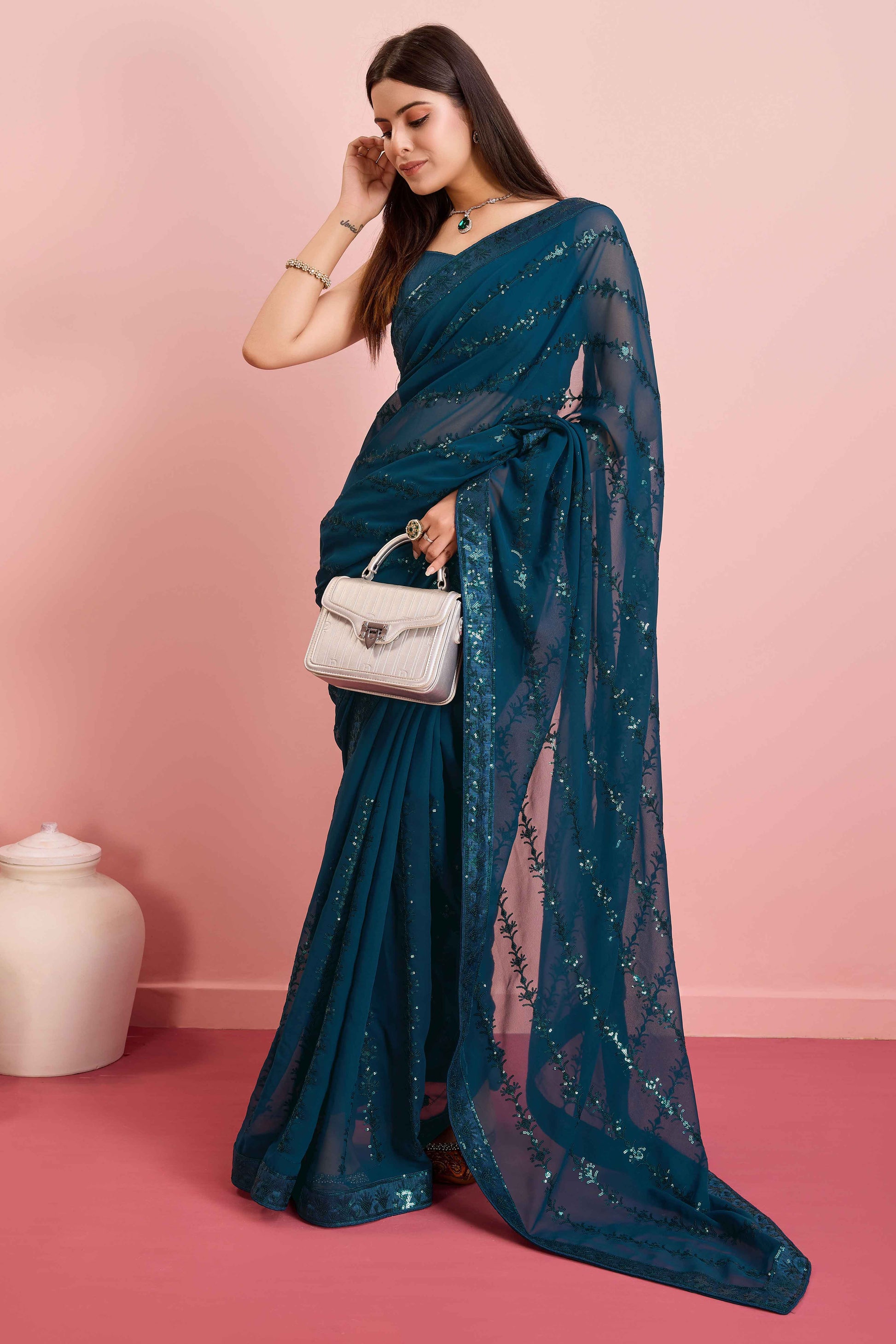 Morpich Floral Sequins Embroidered Georgette Saree