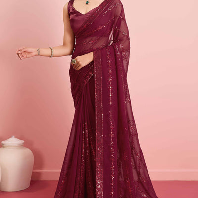 Maroon Floral Sequins Embroidered Georgette Saree