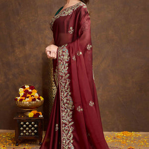Maroon Floral Sequins Embroidered Vichitra Rangoli Silk Saree