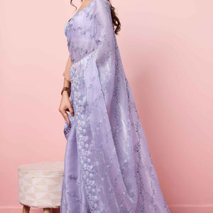 Lavender Floral Sequins Embroidered Burberry Silk Saree