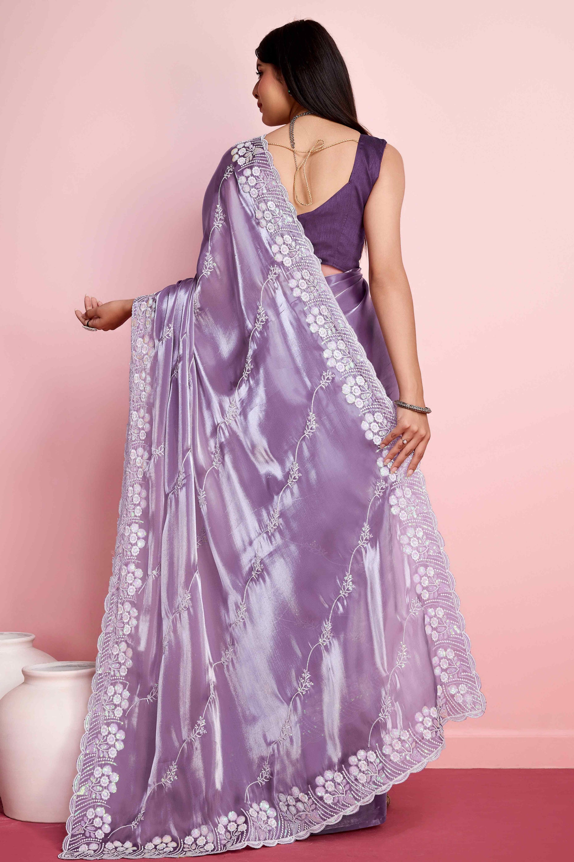 Lavender Floral Sequins Embroidered Jimmy Choo Tissue Saree