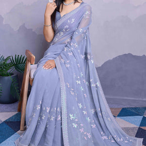 Lavender Floral Sequins Embroidered Chiffon Saree