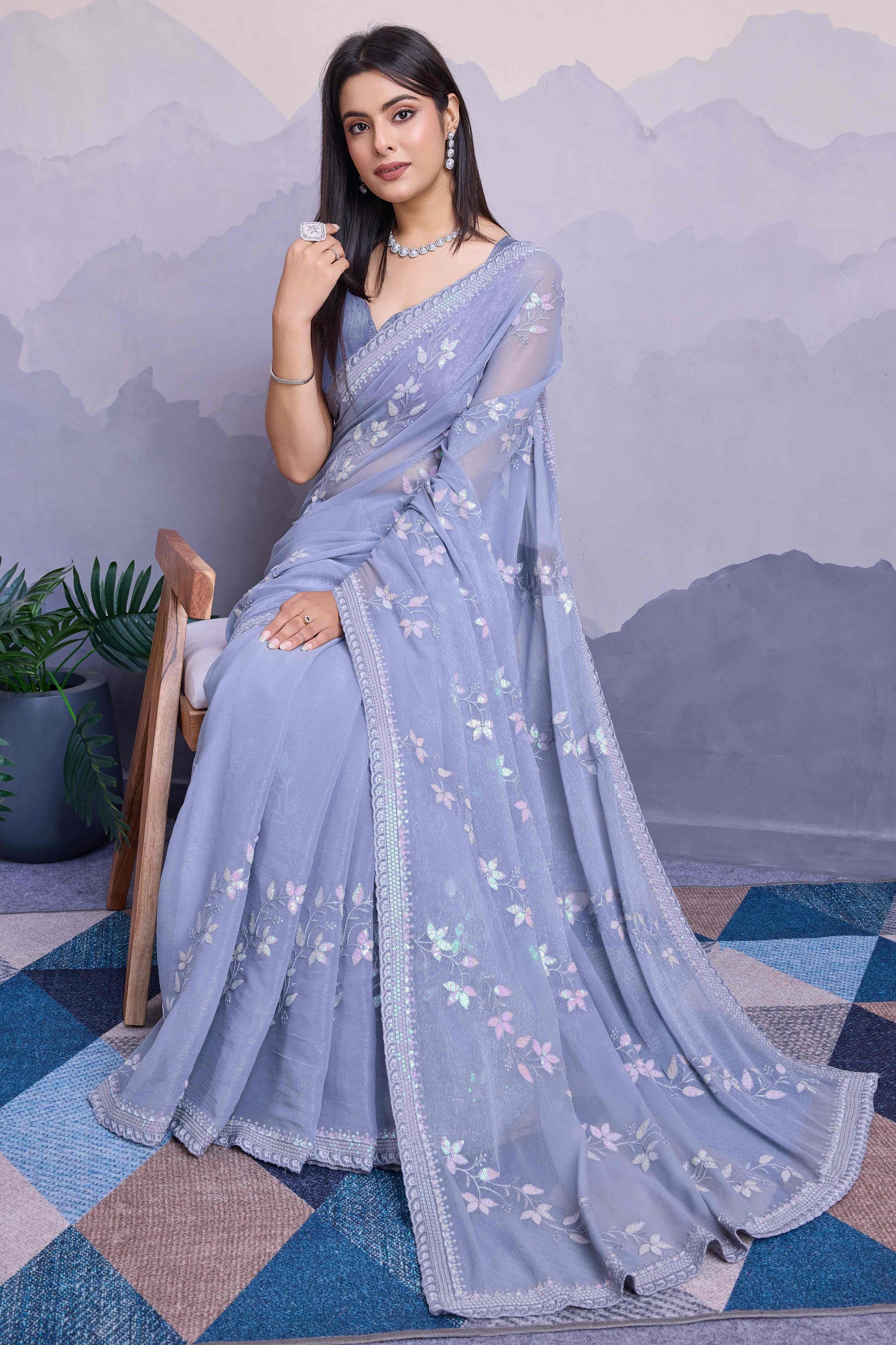 Lavender Floral Sequins Embroidered Chiffon Saree