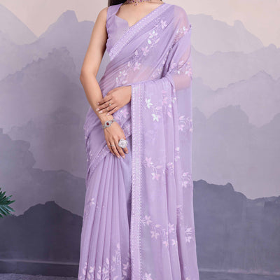 Light Purple Floral Sequins Embroidered Chiffon Saree